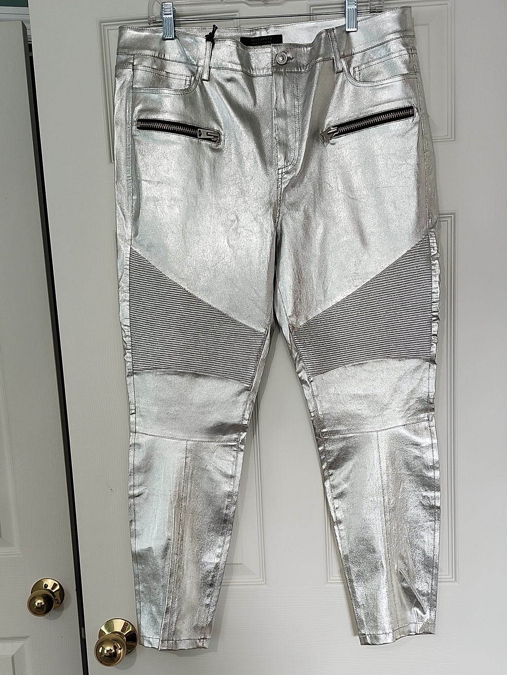 NWT All Saints Suri Biker Jean In Metallic Silver Size 12 US